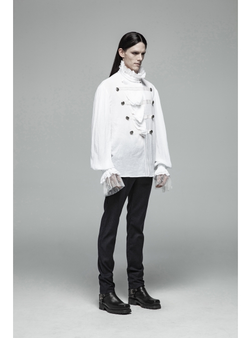 High Collar Front Chest Weave Strap Metal Retro Button Patchwork Cloth Ruffle Lantern Sleeve Lace Cuff White Gothic Shirt