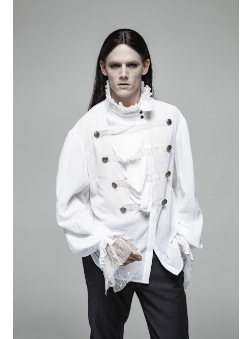 High Collar Front Chest Weave Strap Metal Retro Button Patchwork Cloth Ruffle Lantern Sleeve Lace Cuff White Gothic Shirt