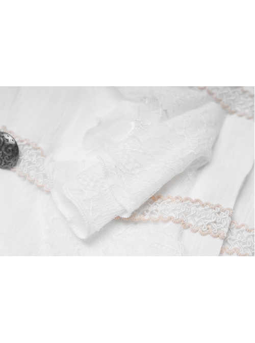 High Collar Front Chest Weave Strap Metal Retro Button Patchwork Cloth Ruffle Lantern Sleeve Lace Cuff White Gothic Shirt