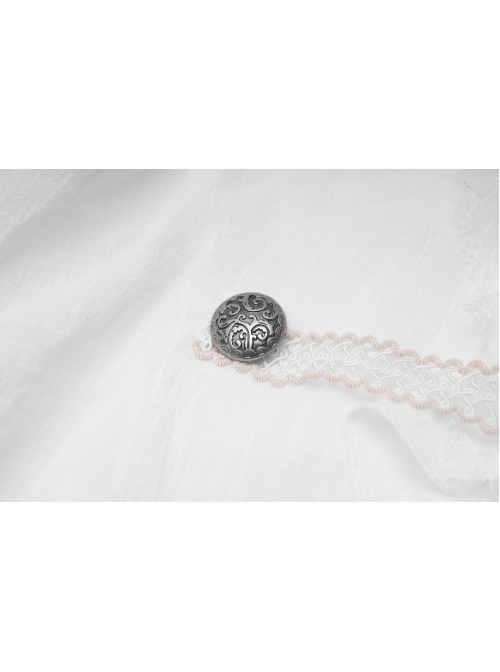 High Collar Front Chest Weave Strap Metal Retro Button Patchwork Cloth Ruffle Lantern Sleeve Lace Cuff White Gothic Shirt