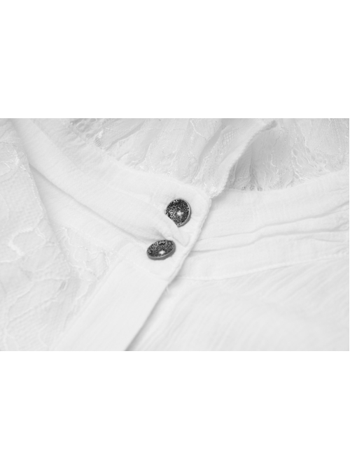 High Collar Front Chest Weave Strap Metal Retro Button Patchwork Cloth Ruffle Lantern Sleeve Lace Cuff White Gothic Shirt