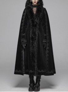 Fur Collar Slit Cloak-Shape Sleeve Back Waist Lace-Up Black Gothic Long Imitation Cashmere Coat