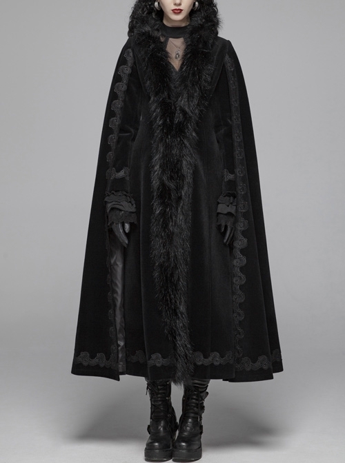 Fur Collar Slit Cloak-Shape Sleeve Back Waist Lace-Up Black Gothic Long Imitation Cashmere Coat