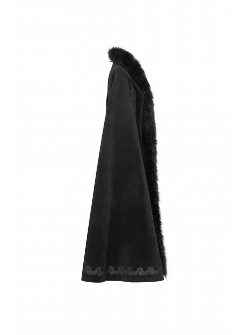 Fur Collar Slit Cloak-Shape Sleeve Back Waist Lace-Up Black Gothic Long Imitation Cashmere Coat