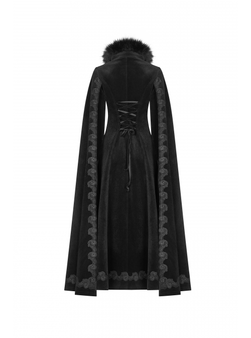 Fur Collar Slit Cloak-Shape Sleeve Back Waist Lace-Up Black Gothic Long Imitation Cashmere Coat