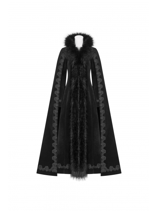 Fur Collar Slit Cloak-Shape Sleeve Back Waist Lace-Up Black Gothic Long Imitation Cashmere Coat