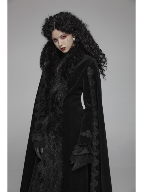 Fur Collar Slit Cloak-Shape Sleeve Back Waist Lace-Up Black Gothic Long Imitation Cashmere Coat