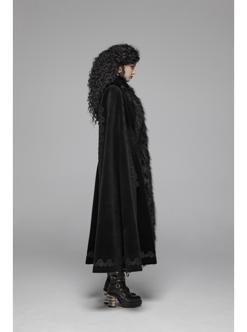 Fur Collar Slit Cloak-Shape Sleeve Back Waist Lace-Up Black Gothic Long Imitation Cashmere Coat