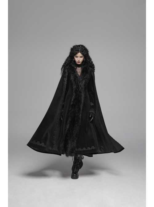 Fur Collar Slit Cloak-Shape Sleeve Back Waist Lace-Up Black Gothic Long Imitation Cashmere Coat