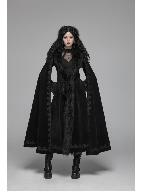 Fur Collar Slit Cloak-Shape Sleeve Back Waist Lace-Up Black Gothic Long Imitation Cashmere Coat