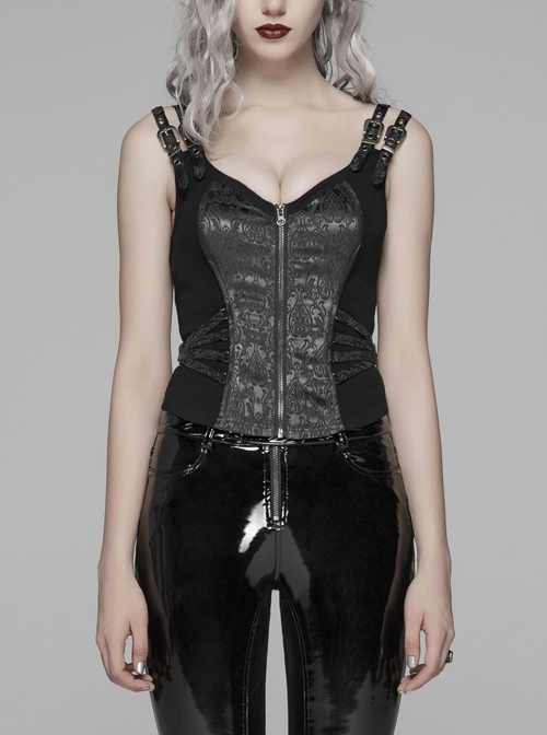 Metal Buckle Strap Front Metal Zipper Back Lace-Up Black Punk Jacquard Tight Vest