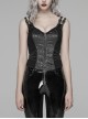 Metal Buckle Strap Front Metal Zipper Back Lace-Up Black Punk Jacquard Tight Vest