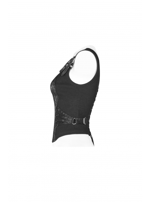 Metal Buckle Strap Front Metal Zipper Back Lace-Up Black Punk Jacquard Tight Vest