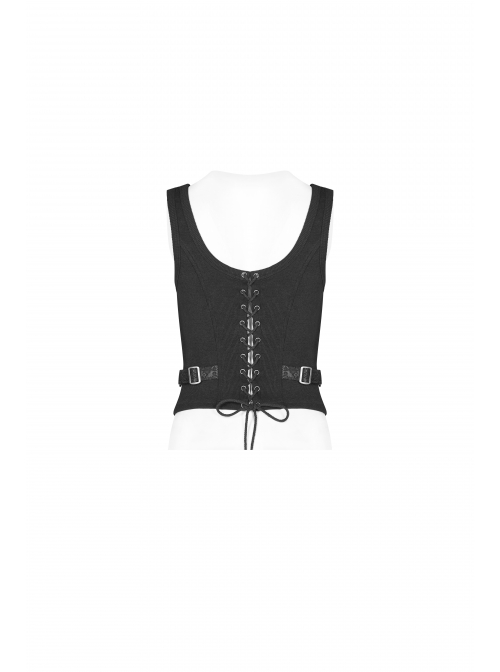 Metal Buckle Strap Front Metal Zipper Back Lace-Up Black Punk Jacquard Tight Vest