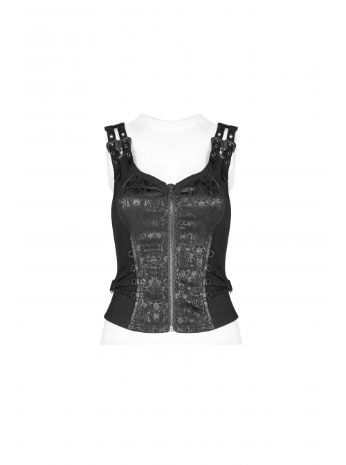 Metal Buckle Strap Front Metal Zipper Back Lace-Up Black Punk Jacquard Tight Vest