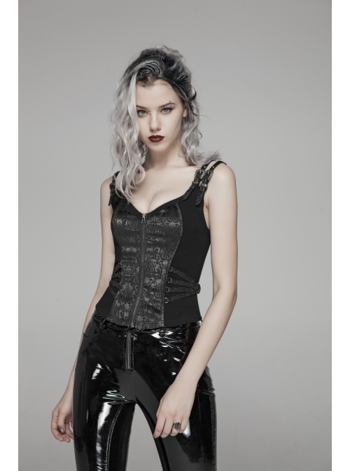 Metal Buckle Strap Front Metal Zipper Back Lace-Up Black Punk Jacquard Tight Vest