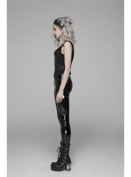 Metal Buckle Strap Front Metal Zipper Back Lace-Up Black Punk Jacquard Tight Vest