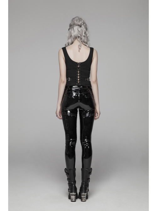 Metal Buckle Strap Front Metal Zipper Back Lace-Up Black Punk Jacquard Tight Vest