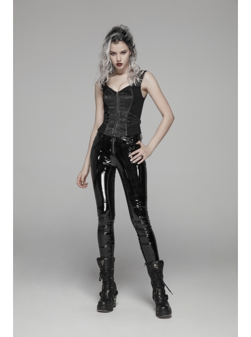 Metal Buckle Strap Front Metal Zipper Back Lace-Up Black Punk Jacquard Tight Vest