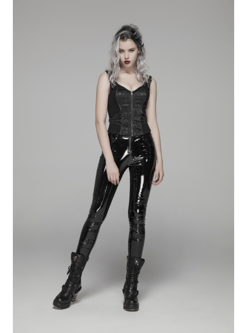 Metal Buckle Strap Front Metal Zipper Back Lace-Up Black Punk Jacquard Tight Vest