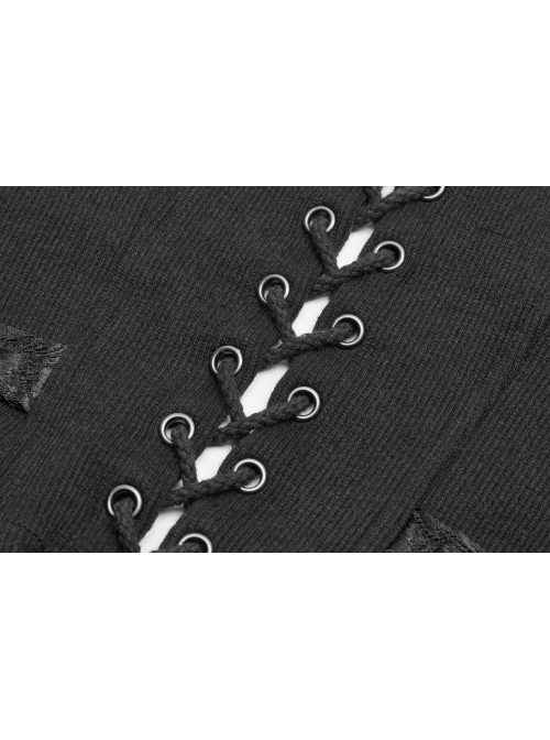 Metal Buckle Strap Front Metal Zipper Back Lace-Up Black Punk Jacquard Tight Vest