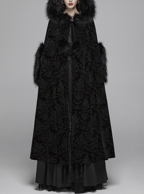 Black Gothic Fur Hood Front Fuzzy Ball Bandage Cloak