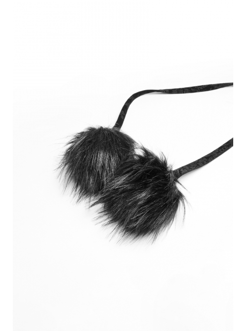 Black Gothic Fur Hood Front Fuzzy Ball Bandage Cloak