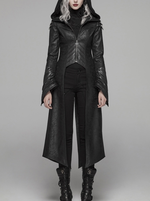 Armor-Shape Flare Sleeve Back Hem Slit Black Punk Branching Pattern Crack Knitted PU Long Coat