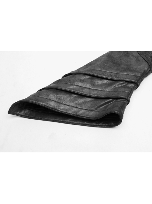 Armor-Shape Flare Sleeve Back Hem Slit Black Punk Branching Pattern Crack Knitted PU Long Coat