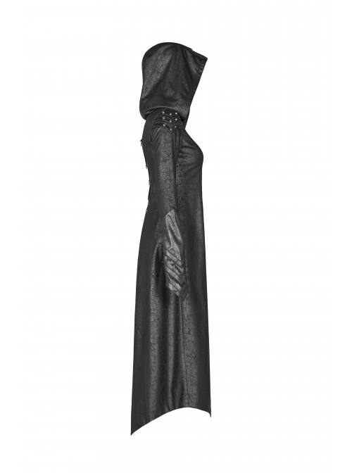 Armor-Shape Flare Sleeve Back Hem Slit Black Punk Branching Pattern Crack Knitted PU Long Coat
