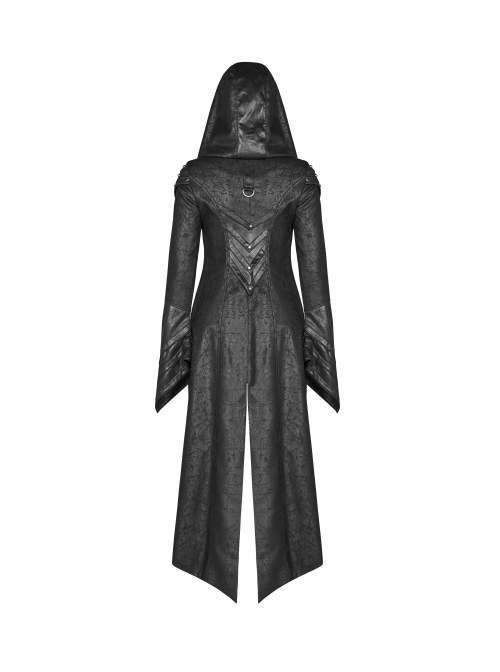 Armor-Shape Flare Sleeve Back Hem Slit Black Punk Branching Pattern Crack Knitted PU Long Coat