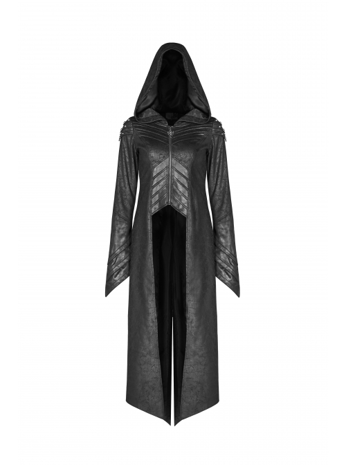Armor-Shape Flare Sleeve Back Hem Slit Black Punk Branching Pattern Crack Knitted PU Long Coat