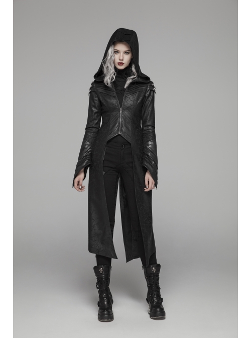 Armor-Shape Flare Sleeve Back Hem Slit Black Punk Branching Pattern Crack Knitted PU Long Coat