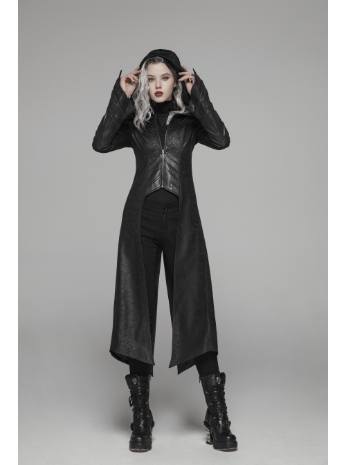 Armor-Shape Flare Sleeve Back Hem Slit Black Punk Branching Pattern Crack Knitted PU Long Coat