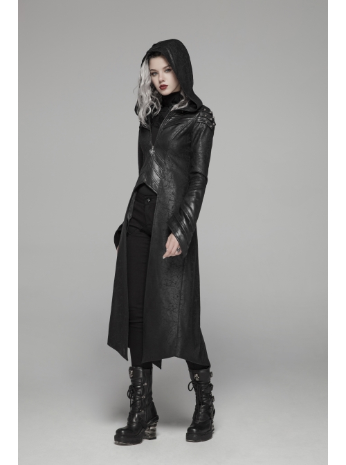 Armor-Shape Flare Sleeve Back Hem Slit Black Punk Branching Pattern Crack Knitted PU Long Coat