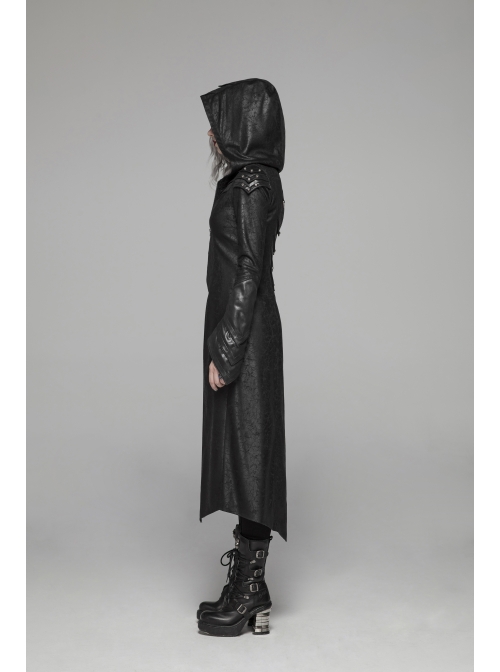Armor-Shape Flare Sleeve Back Hem Slit Black Punk Branching Pattern Crack Knitted PU Long Coat