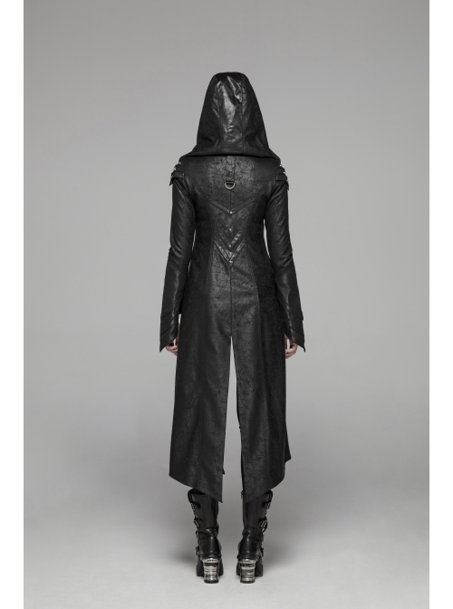 Armor-Shape Flare Sleeve Back Hem Slit Black Punk Branching Pattern Crack Knitted PU Long Coat