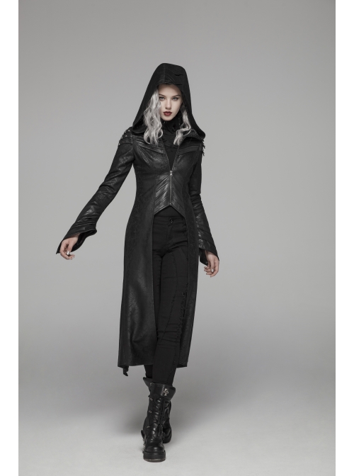 Armor-Shape Flare Sleeve Back Hem Slit Black Punk Branching Pattern Crack Knitted PU Long Coat