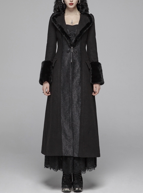 V-Neck Collar Retro Button Imitation Wool Cuffs Black Gothic Dark-Striped Jacquard Long Coat
