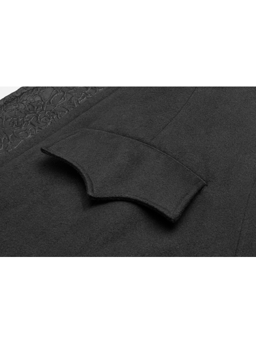 V-Neck Collar Retro Button Imitation Wool Cuffs Black Gothic Dark-Striped Jacquard Long Coat