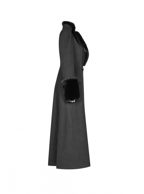 V-Neck Collar Retro Button Imitation Wool Cuffs Black Gothic Dark-Striped Jacquard Long Coat