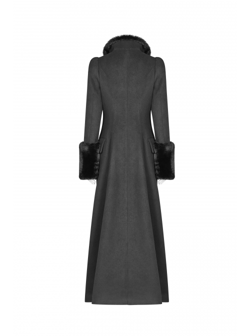 V-Neck Collar Retro Button Imitation Wool Cuffs Black Gothic Dark-Striped Jacquard Long Coat