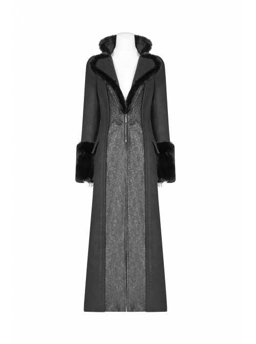 V-Neck Collar Retro Button Imitation Wool Cuffs Black Gothic Dark-Striped Jacquard Long Coat