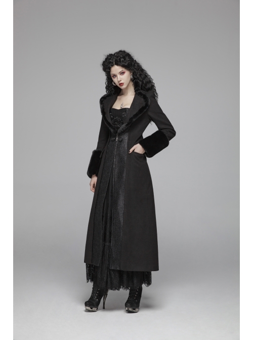 V-Neck Collar Retro Button Imitation Wool Cuffs Black Gothic Dark-Striped Jacquard Long Coat