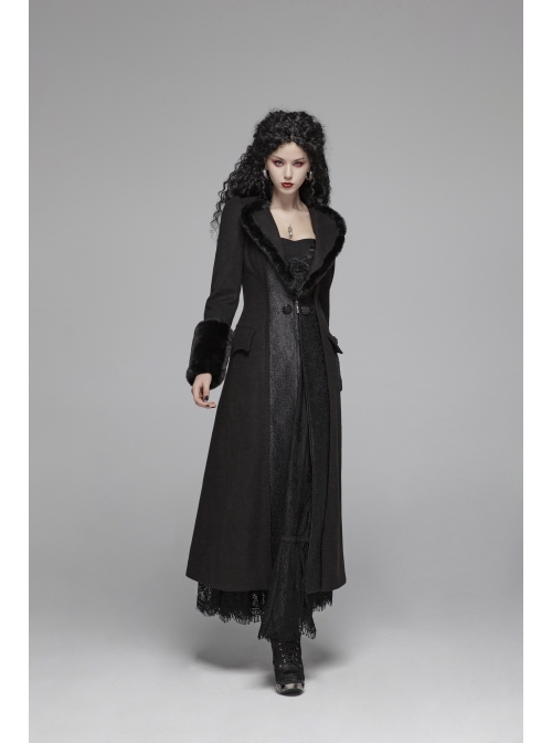 V-Neck Collar Retro Button Imitation Wool Cuffs Black Gothic Dark-Striped Jacquard Long Coat