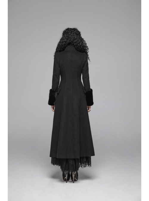 V-Neck Collar Retro Button Imitation Wool Cuffs Black Gothic Dark-Striped Jacquard Long Coat