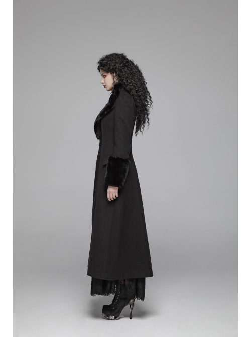 V-Neck Collar Retro Button Imitation Wool Cuffs Black Gothic Dark-Striped Jacquard Long Coat