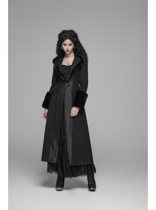 V-Neck Collar Retro Button Imitation Wool Cuffs Black Gothic Dark-Striped Jacquard Long Coat