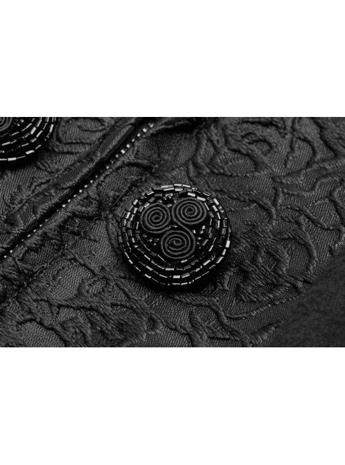 V-Neck Collar Retro Button Imitation Wool Cuffs Black Gothic Dark-Striped Jacquard Long Coat