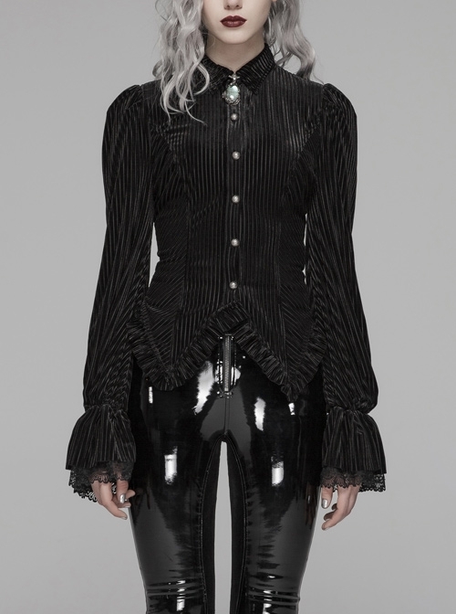 Black Dark Striped Velvet Metal Retro Button Lace Cuff Back Waist Lace-Up Gothic Blouse